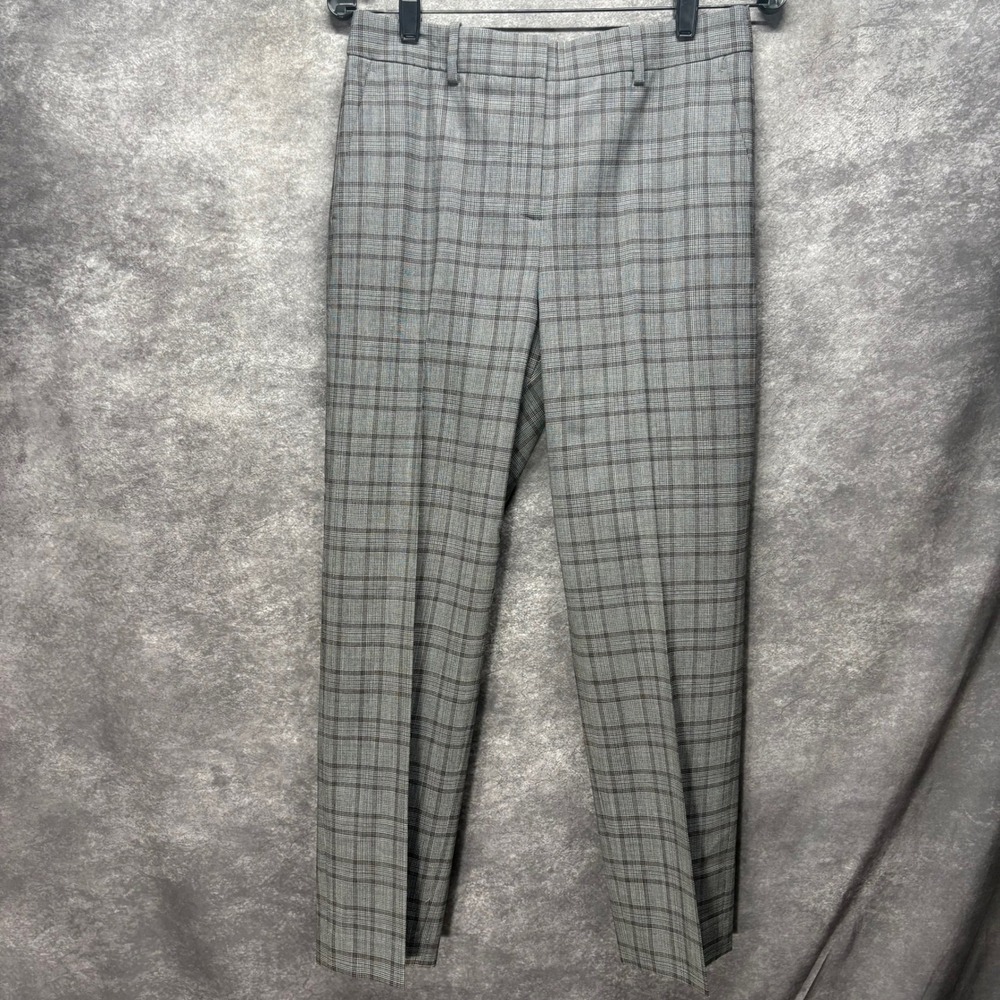 Theory Ignera Straight Crop Wool Pants Womens 4 Gray Glen Plaid Preppy Academia